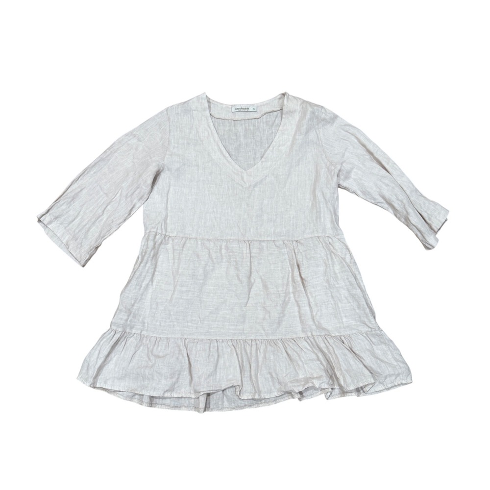Laura Bianchi Italy Linen Tiered Babydoll Tunic Top Beige Neutral M Coastal